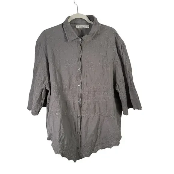 Solitaire Floral Embroidered Button Up Blouse Green Boho Womens Plus 2x - Picture 2 of 8